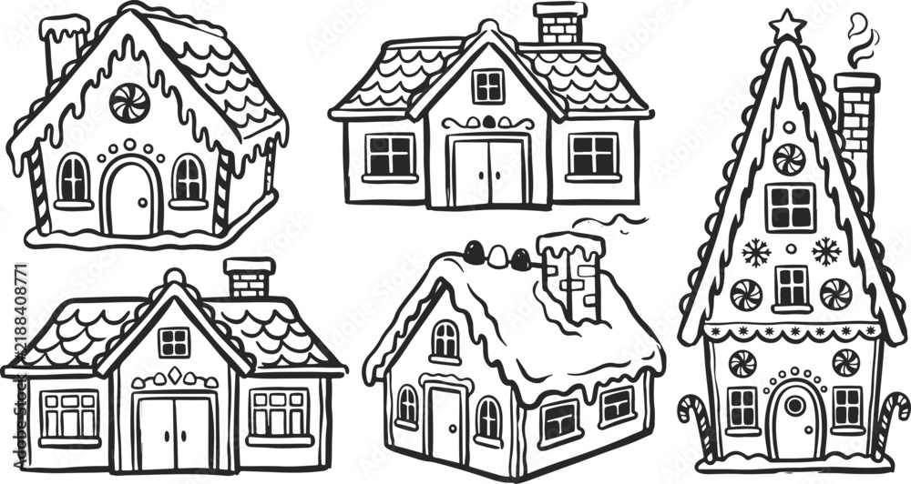 Obraz premium Hand Drawn Christmas Gingerbread House Collection with Snowy Roofs, Chimneys and Festive Decorations.