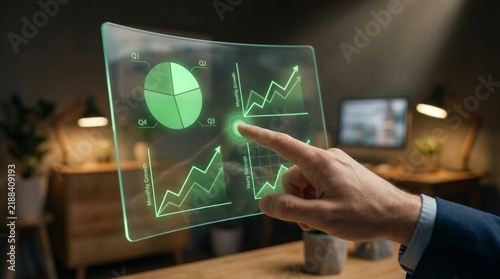Business Professional Interacting with Futuristic Holographic Data Interface