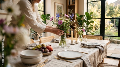 A woman arranging a bouquet of colorful wildflowers in a vase on a dining table. The table is set with plates, cutlery, and a fruit bowl.