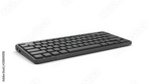 Modern matte black computer keyboard with tactile keys shown at a sharp angle on transparent background