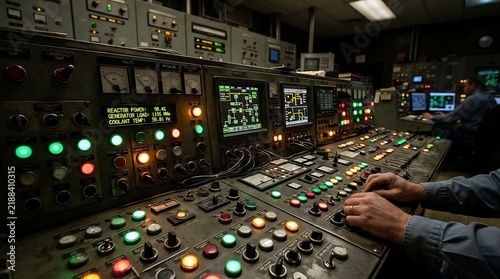 Engineer hands working on a complex industrial control panel with glowing lights and digital monitors in a dark power plant control room at night