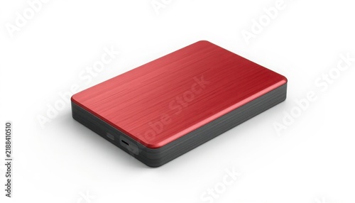 Sleek red portable hard drive with brushed metal finish viewed from high angle on transparent background