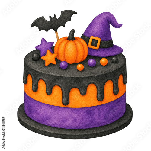 Halloween Cake with Pumpkin, Witch Hat and Bat Topper
