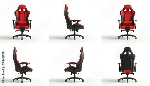Modern ergonomic gaming chair featuring red and black leather upholstery displayed from multiple angles on transparent background