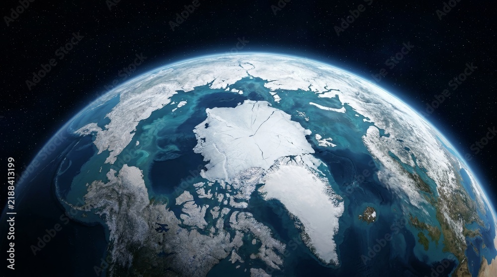 Fototapeta premium Globe Representing Earth, World and Continents, Vast view of Earth from space, highlighting polar regions and ocean colors against a starry backdrop.