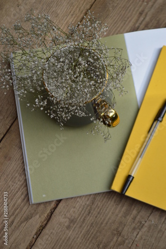 Delicate baby's breath flowers in a vase atop a journal and notebook