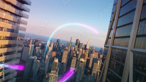 Smart city data streams flowing through urban Toronto skyline with digital overlay representing internet communication, network connection, futuristic technology