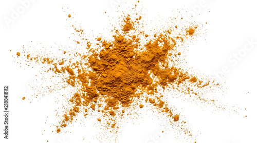 Orange powder scattered on a transparent background as a dry spice or cosmetic pigment splash