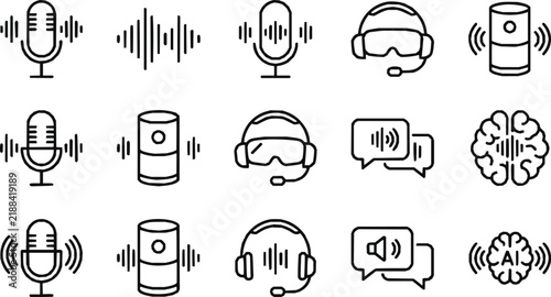 Voice assistant and artificial intelligence line icon set for smart technology with smart speaker sound wave microphone icon AI technology speech bubble
