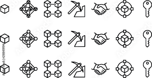Blockchain technology and business network line icon set in white background with line icons crypto currency network connection digital mining business han