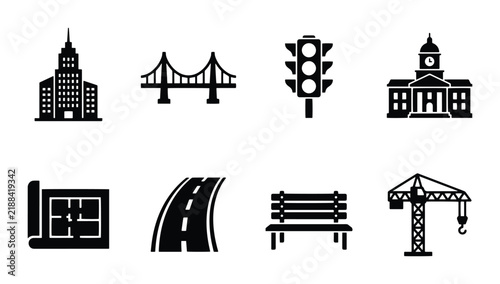 Cityscape Icons: Buildings, Bridge, Traffic Light, Blueprint, Road, Bench, Crane