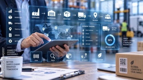 Naklejka Supply chain manager tracking logistics on a digital tablet