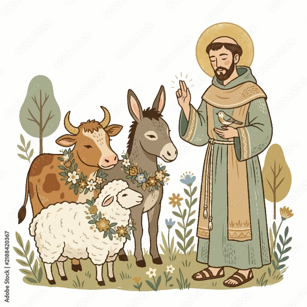 Naklejka premium Serene Nature Scene with a Wise Man and Friendly Farm Animals