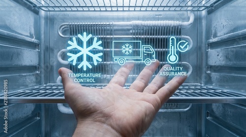 Cold chain storage logistics warehouse refrigerated transport concept with hand and digital icons showing temperature control and quality assurance