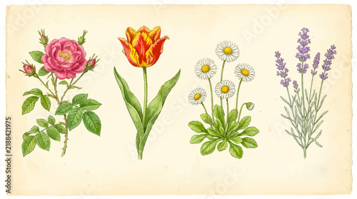 Watercolor botanical illustration set of four different garden flowers
