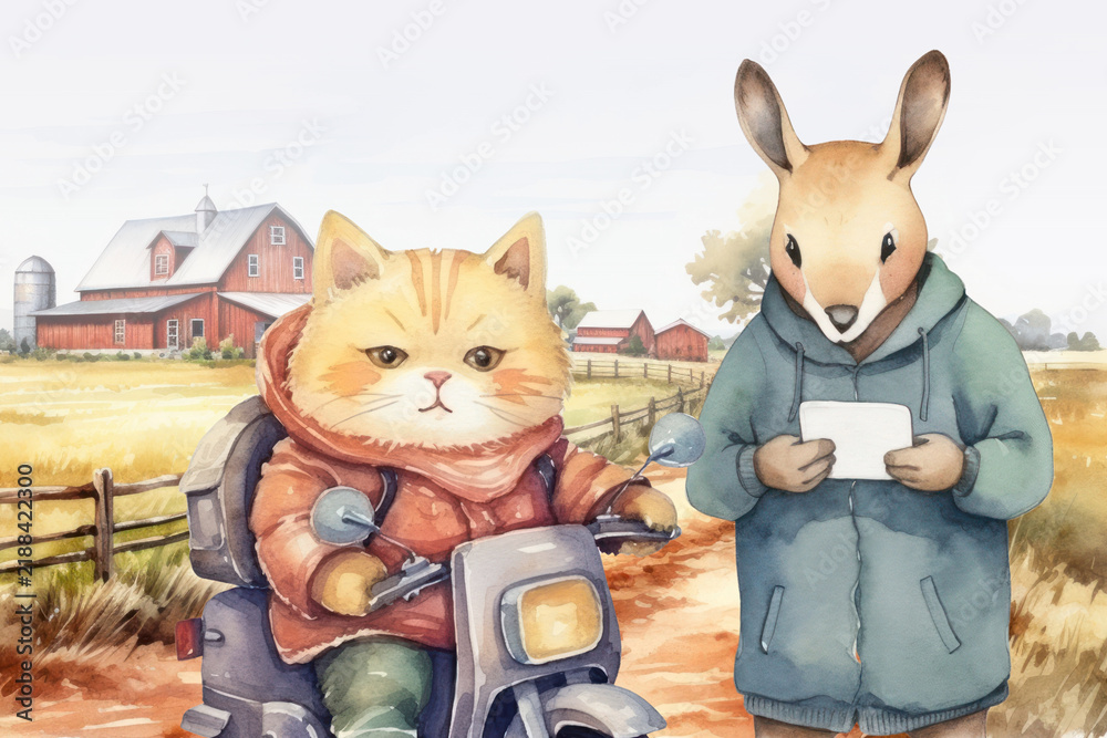 Fototapeta premium Cartoon mail delivery watercolor animal character illustration