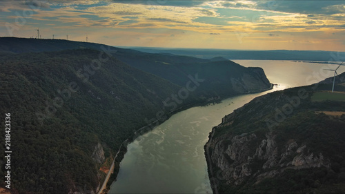 Photography Danube river and mountains in Djerdap National Park at sunset