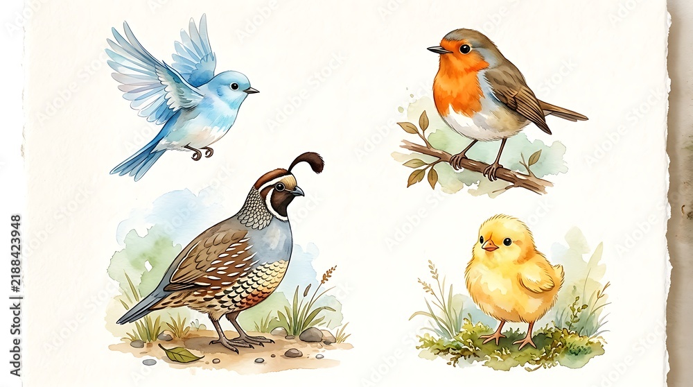Obraz premium Watercolor illustration set of cute birds including a blue bird a robin a quail and a small yellow chick