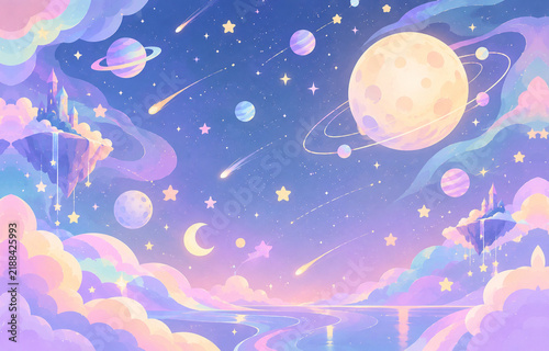 Unique Pastel Fantasy Space Background with Small Stars and Floating Planets