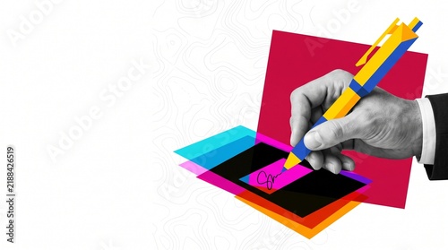 Conceptual Business Contract Signing with Hand and Colorful Pen Collage Art