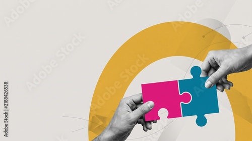 Hands Connecting Colorful Puzzle Pieces Conceptual Business Partnership and Teamwork Solution