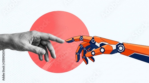 Human Hand Reaching Toward Futuristic Robotic Finger in Modern Digital Creation Concept