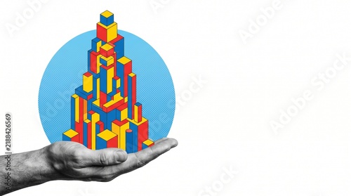 Hand Holding Isometric City Skyscraper Model Conceptual Urban Architecture and Real Estate