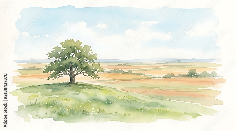 Obraz premium A single green oak tree standing on a grassy hill in a peaceful meadow landscape painted with soft watercolors