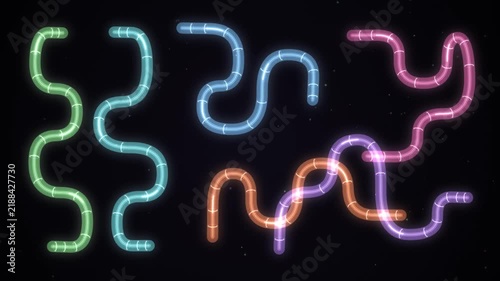 Neon lines glowing brightly in dark space, colorful curved pathways moving endlessly across screen for modern motion backgrounds