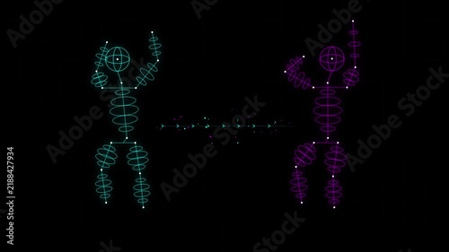 Neon stick figures dancing with circular wireframe joints, glowing cyan and purple abstract human body motions on a dark background