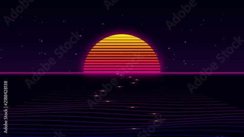Retro sunset animation with glowing neon grid landscape horizon, digital sun in starry night sky and motion loop