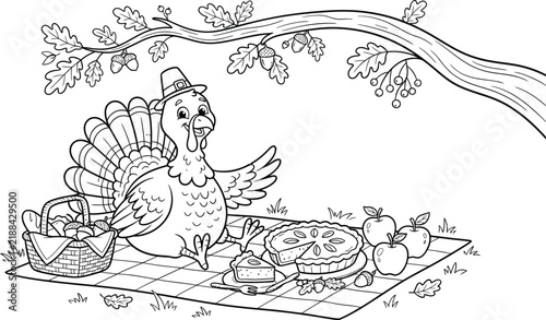 Thanksgiving Turkey Picnic under Oak Tree Coloring Page Vector Illustration