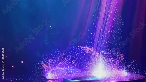 Empty round podium on a purple stage with sparkling particles and light beams, product display mockup, festive award scene, luxury presentation backdrop.