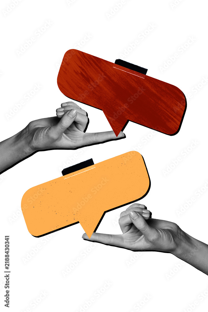 Obraz premium Vertical photo collage hands body fragments textbox communication phrase cite dialog conversation speech drawing background