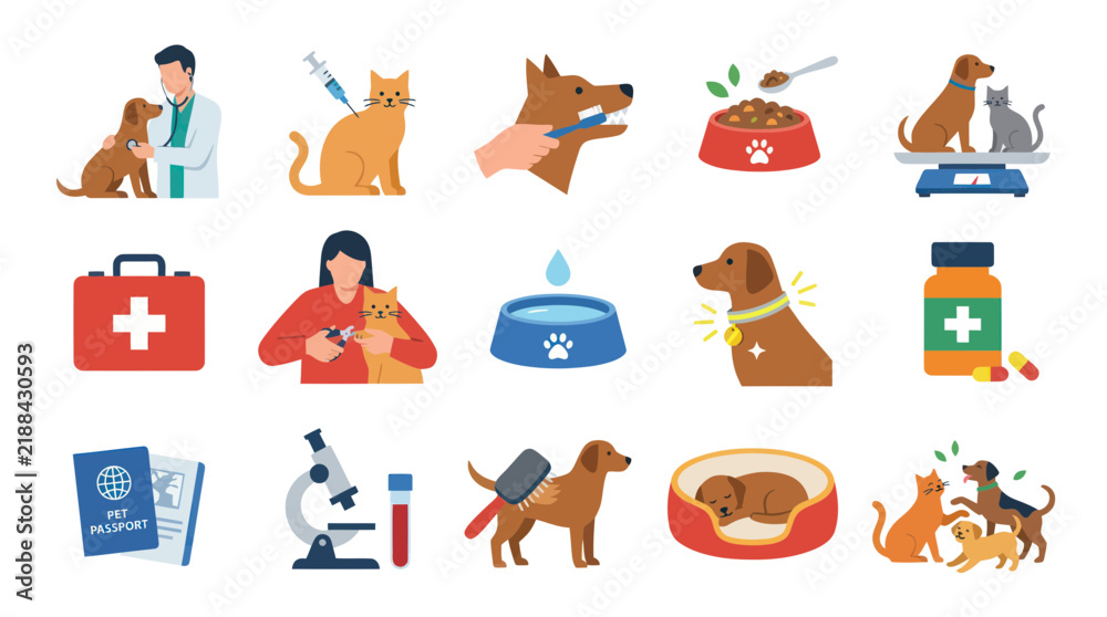 Fototapeta premium Pet Care Veterinary Icons Set Flat Design, Animal Health Clinic Services