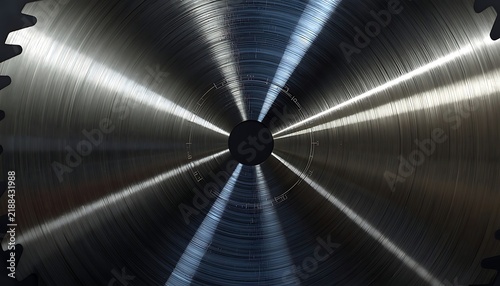 Close-up circular saw blade polished metal central hub reflective streaks concentric grooves evenly spaced teeth precision machining industrial craftsmanship functional aesthetic geometry