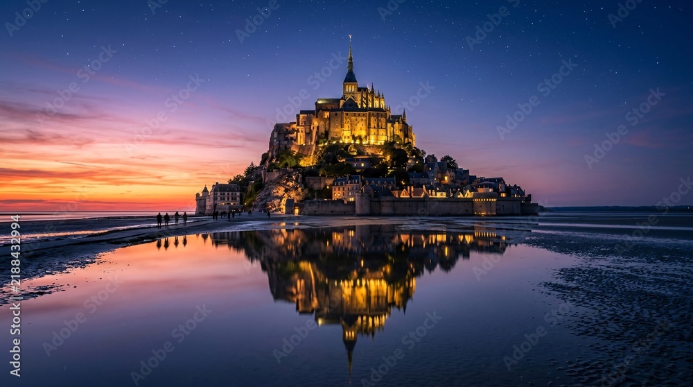 Fototapeta premium Twilight view of Mont Saint-Michel abbey rising from wet coastal sands, golden lights reflected in glass-like water, indigo fading to fiery