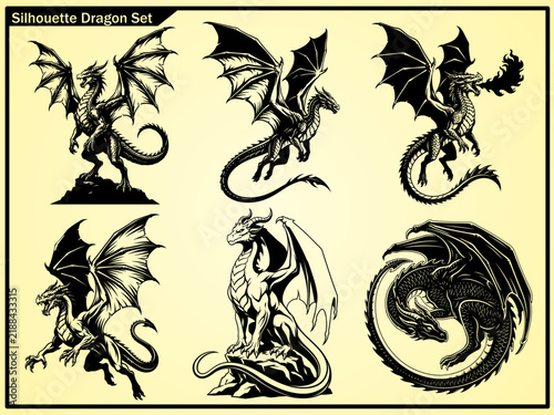 A black and white vector set featuring six detailed dragon silhouettes in various dynamic poses and mythical styles.