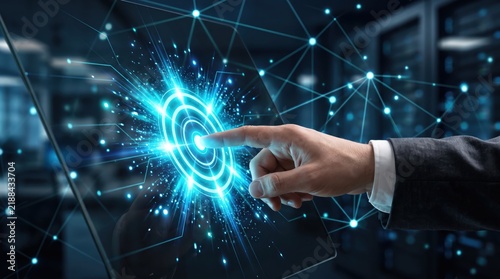 Businessman touching glowing blue holographic interface on transparent screen, visualizing data networks, cloud computing, and advanced technology connections in server room.