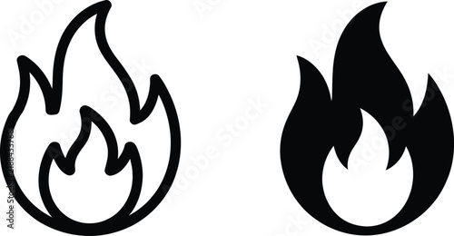 Fire flame icon set in line and solid style vector illustration, hot energy and burn concept symbol.