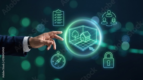 Businessman interacting with futuristic holographic real estate interface, smart home technology concept, digital property management, secure investment, innovation