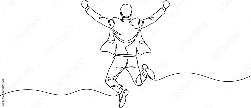 Fototapeta premium Single line drawing of a joyful businessman celebrating success with raised arms.