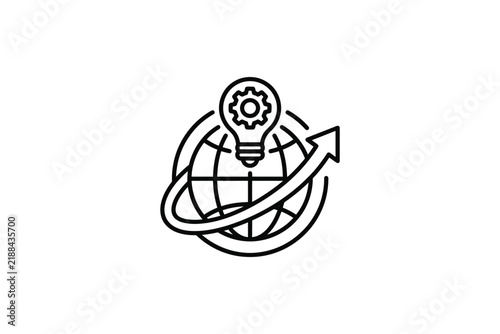 Global technology optimization with gear and arrow icon.