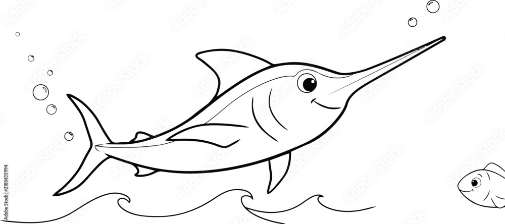 Obraz premium Sailfish outline, black and white cartoon sea creature, cute underwater fish vector illustration, monochrome marine animal sketch, coloring book page design
