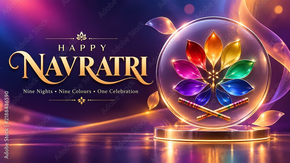 Obraz premium Happy navratri festive greeting card with a crystal lotus and crossed dandiya sticks