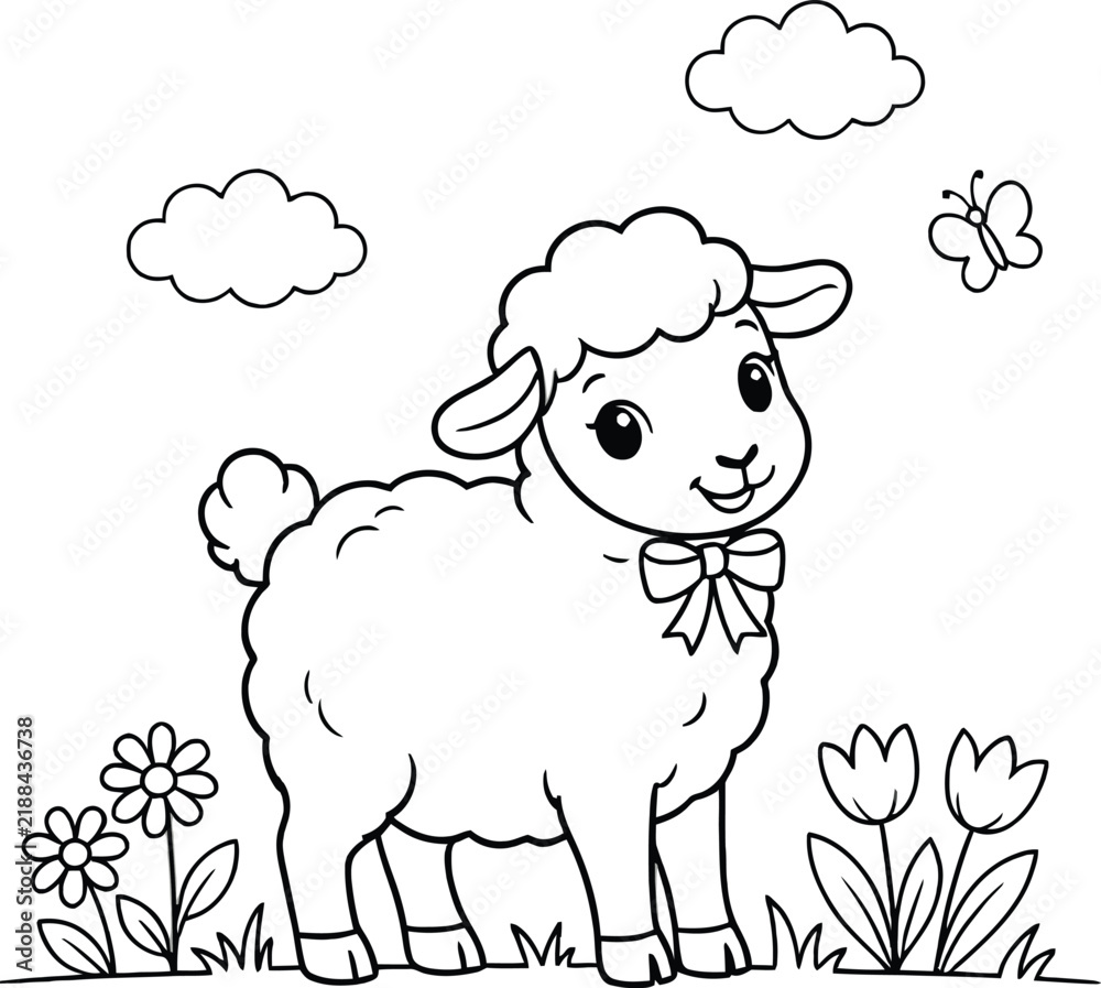 Obraz premium Cute sheep coloring page. Nursery animal drawing with bow. Kindergarten educational activity. Spring flowers outline vector illustration.