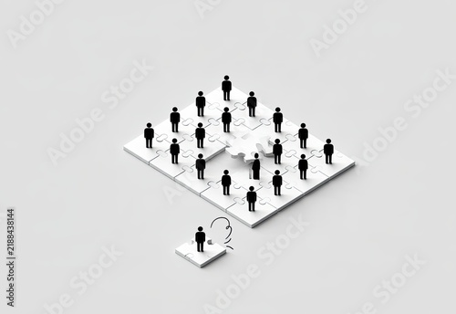 Figures form a connected puzzle, one piece detached