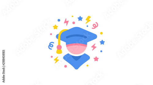 Graduate student wearing a blue mortarboard cap and gown celebrates academic success with confetti.