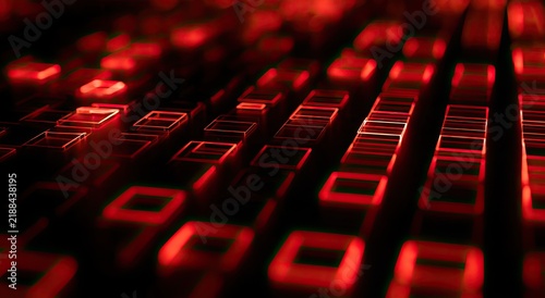 Abstract grid of glowing red squares in a digital, futuristic pattern