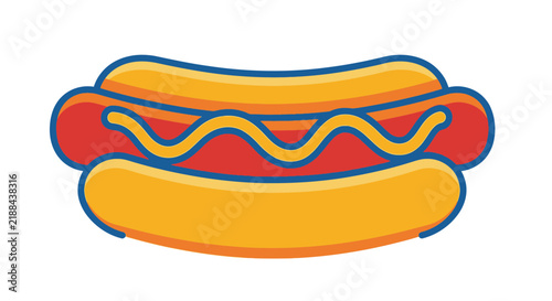 Hot dog illustration with mustard in a fresh bun isolated on a clean white background.